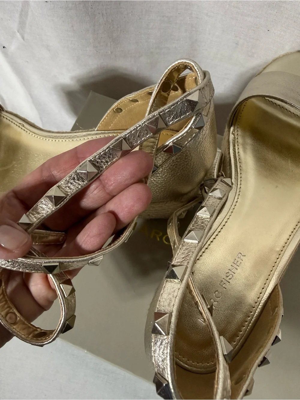 Marc Fisher Metallic Gold Espadrille Wedge Sandals with Studded Ankle Straps 9.5